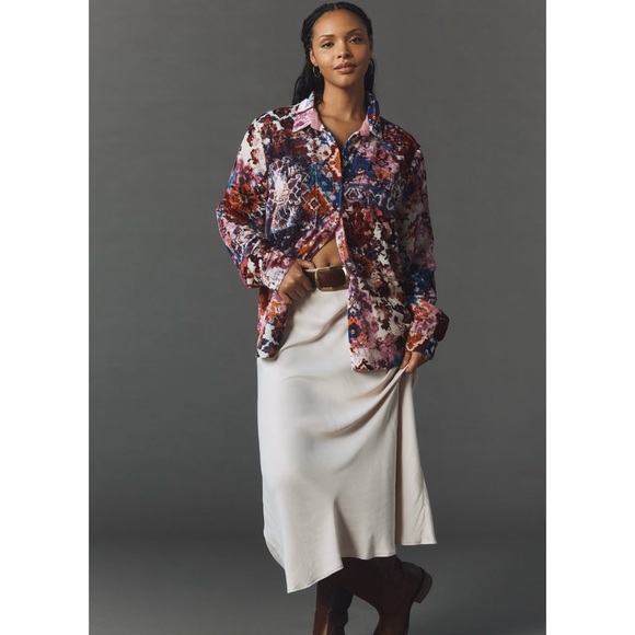 Anthropologie Pilcro The Hadley Velvet Relaxed Button-down Shirt in Pink Sz. 2X - Picture 6 of 14